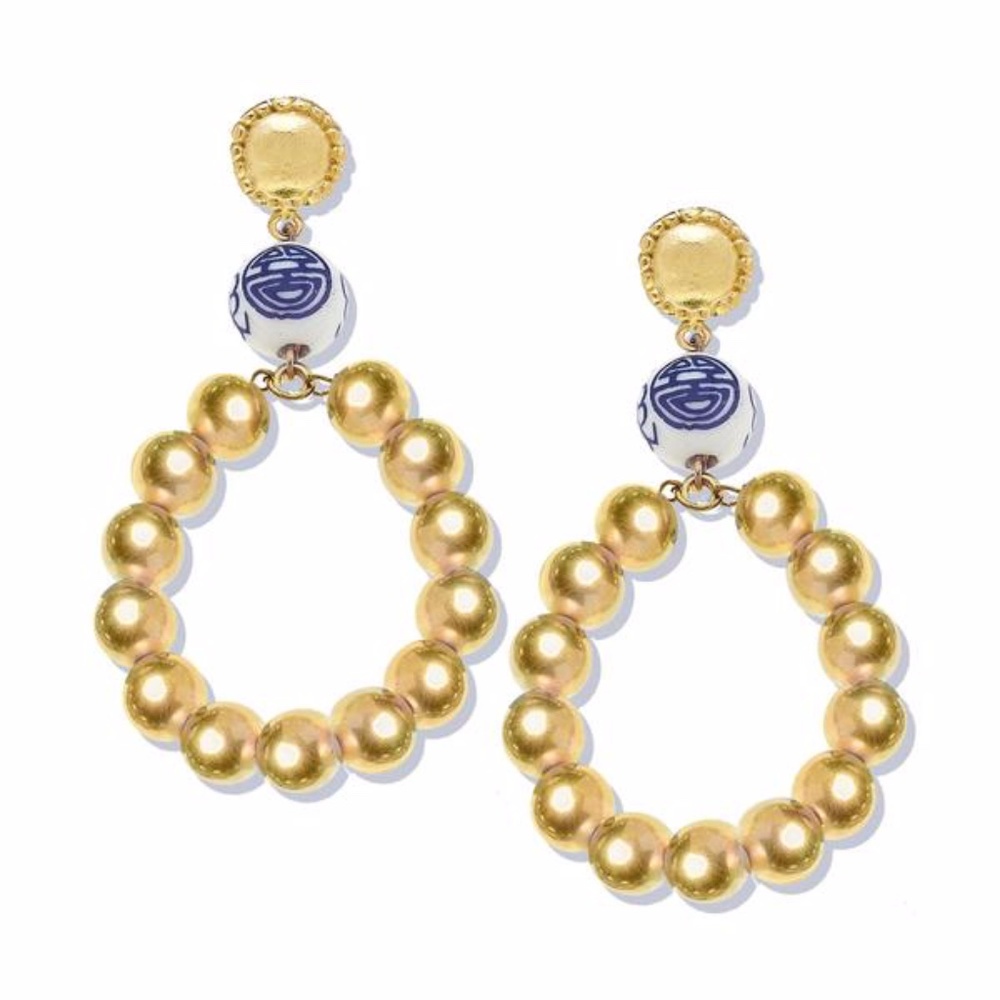 Gold and Blue Beaded Earrings